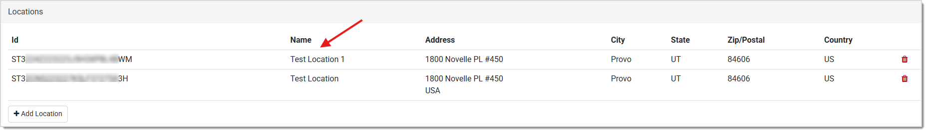 Image showing the Locations area of the Payment Portal Profile page.