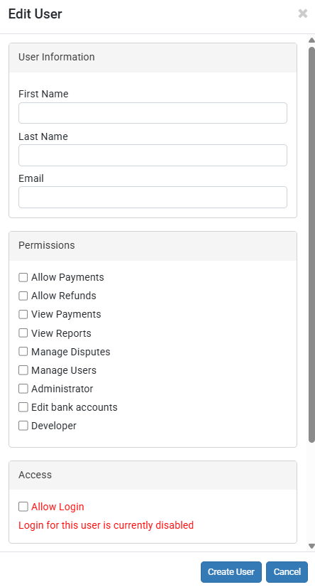 Image showing the Edit User panel in the Manage Users page of the Payment Portal.