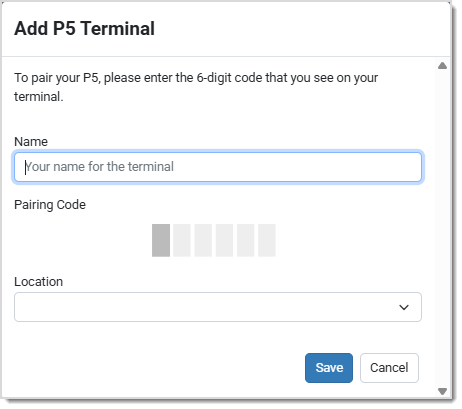 Image showing the Add P5 Terminal window of the Payment Portal Profile page.