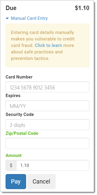 Image showing manual card entry in the Virtual Terminal of the Payments Portal.