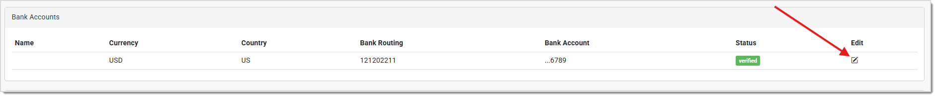 Image showing the Bank Accounts area of the Payment Portal Profile page.