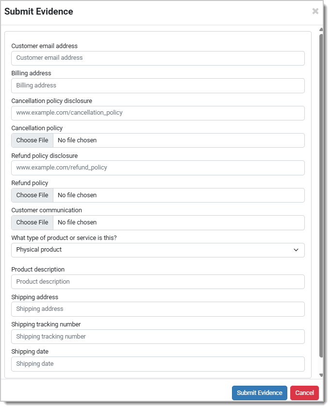 Image showing the Submit Evidence panel on the Disputes page of the Payment Portal.