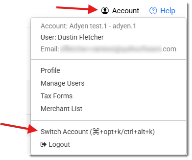 Image showing how to switch to a linked account in the Account menu of the Payment Portal.
