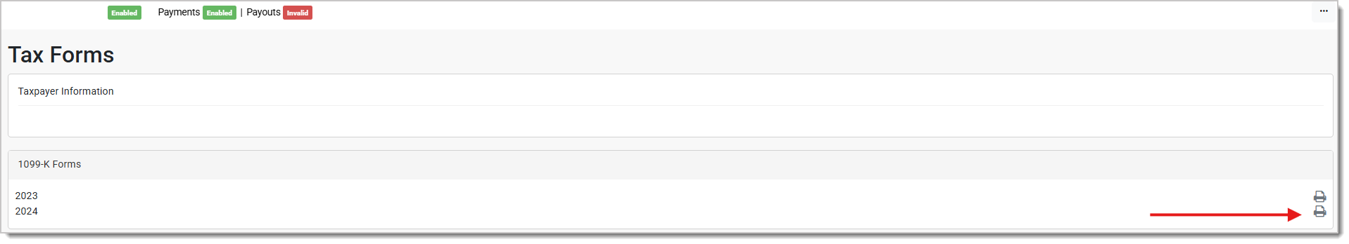 Image showing how to print 1099-K forms from the Tax Forms page of the Payments Portal.