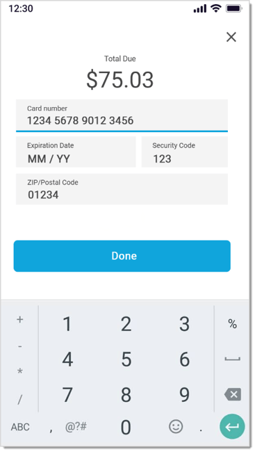 Image showing the Manual Card Entry screen for a Payments processing terminal.