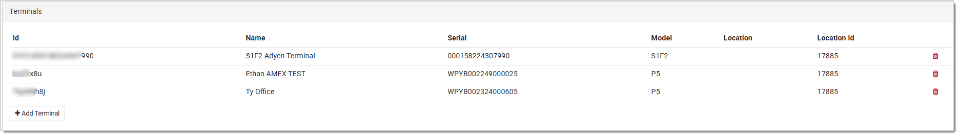 Image showing the Terminals area of the Payment Portal Profile page.