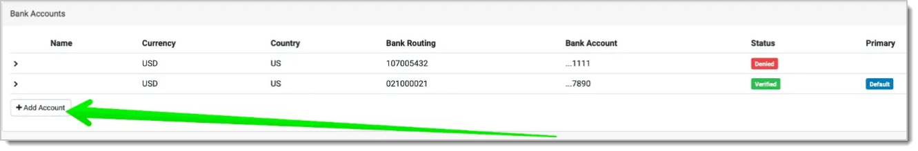 Image showing the bank accounts section, add bank account of the Profile page of the Payment Portal.