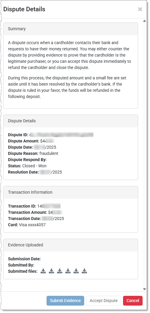 Image of the Dispute Details panel showing full information about the dispute from the Disputes page of the Payment Portal.