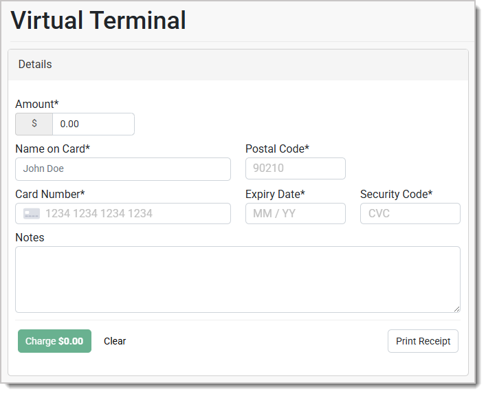 Image showing the Virtual Terminal interface in the Payments Portal.