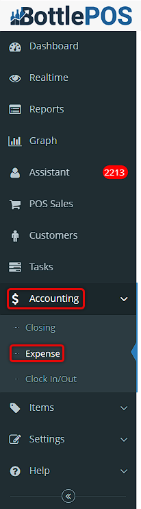 Image displaying the Accounting tab and the Expense subtab in the Bottle POS Admin main menu.
