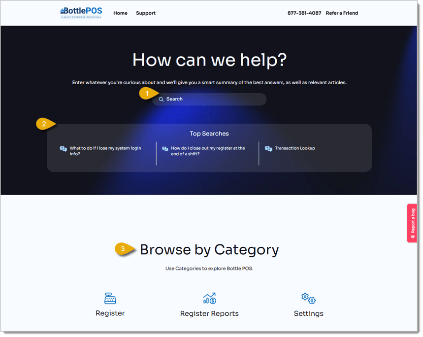 Image of the Bottle POS Knowledge Base Home page. The Search bar, Top Searches section, and Browse by Category section are pointed out by numbers 1-3, respectively.