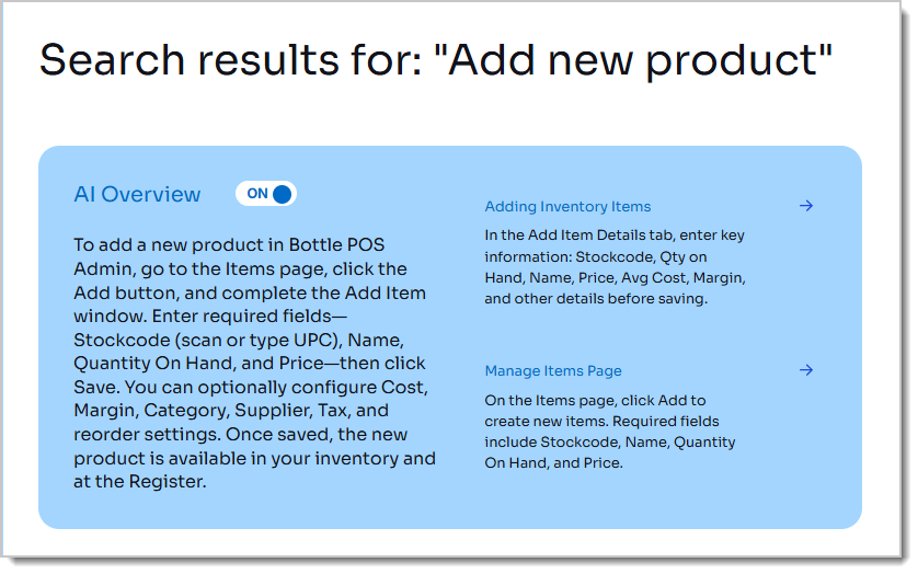 Image of an AI search result in the Bottle POS Knowledge Base. An AI search overview explains how to add a new product in the Admin system, and relevant articles are listed to the right, titled "Adding Inventory Items" and "Manage Items Page."