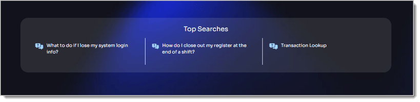 Image showing the Top Searches of the Bottle POS Knowledge Base. The searches are: "What to do if I lose my system login info?", "How do I close out my register at the end of a shift?", and "Transaction Lookup."