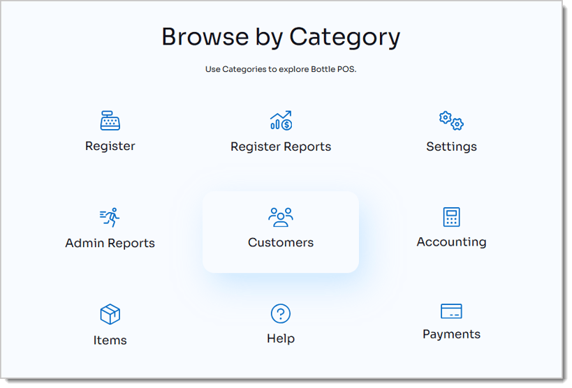 Image showing the categories of the Bottle POS system and the Knowledge Base.