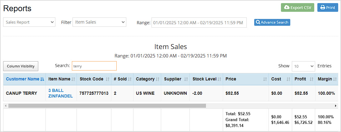 Image showing the Reports page of the BottlePOS system with the Sales Report loaded.