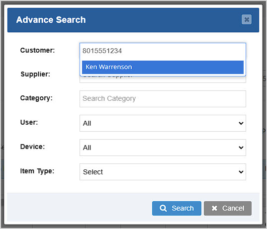 Image showing the Advance Search window of the Sales Report of the BottlePOS system.