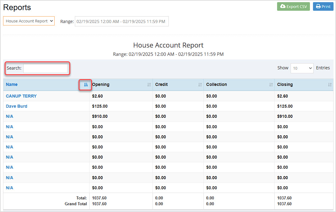 Image showing the House Account Report of the BottlePOS system with Search and Sort functions highlighted.