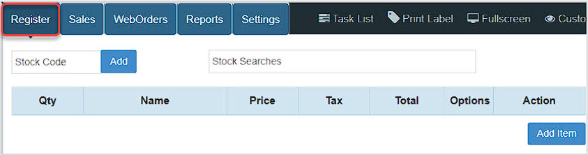 Image showing the Bottle POS Register with the Register button in the upper left highlighted.