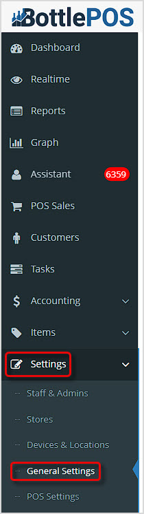 Image of the Bottle POS Admin app's main menu with the General Settings area of Settings highlighted.