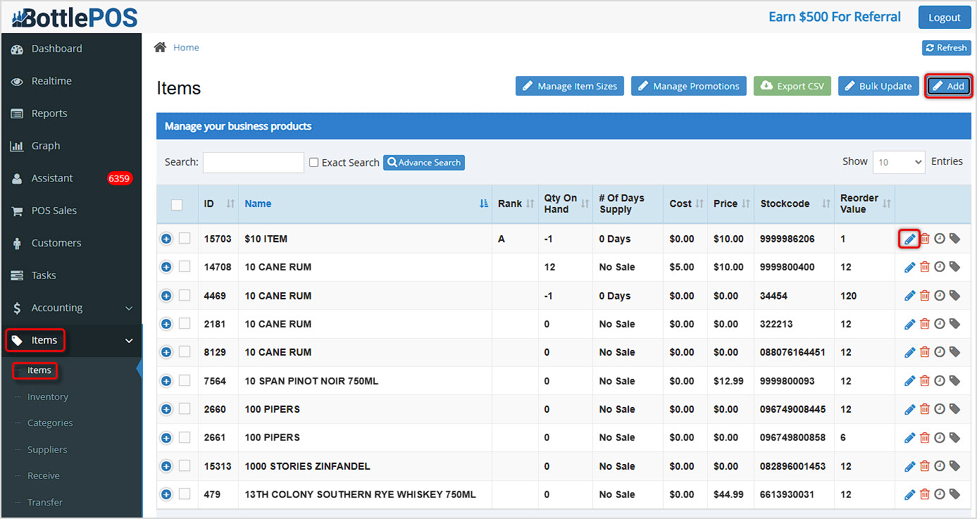 Image showing the Items page of the Bottle POS with the Add and Edit item buttons highlighted.