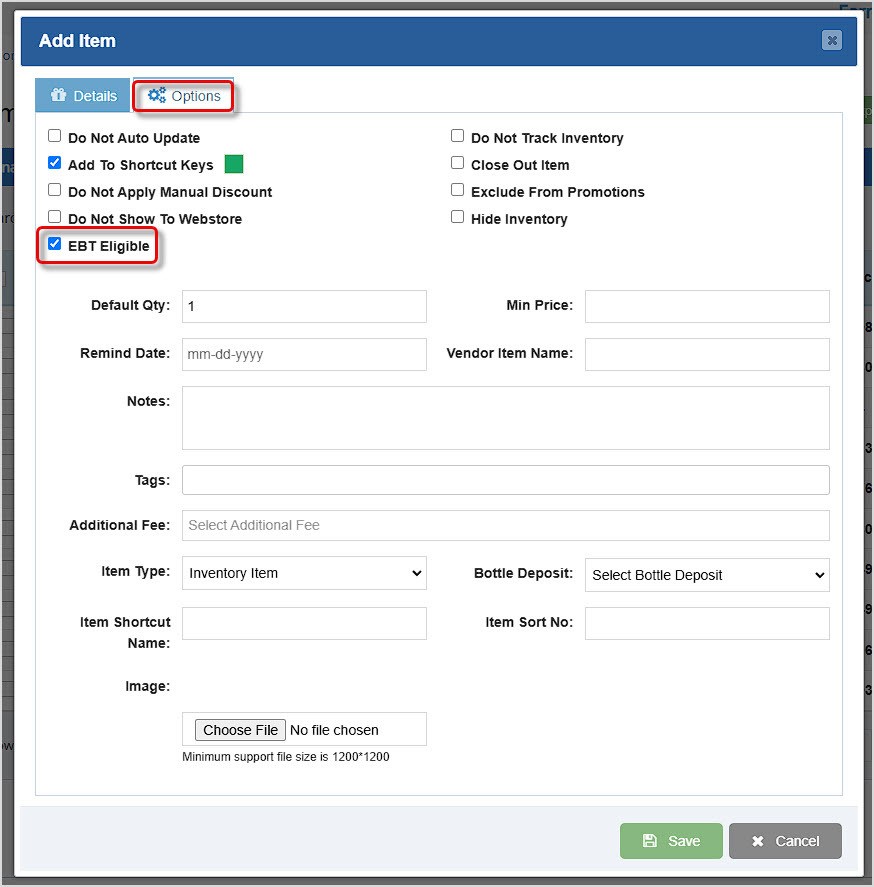 Image showing the Options tab of the Add Item window of the Bottle POS Admin with the EBT Eligible setting highlighted.