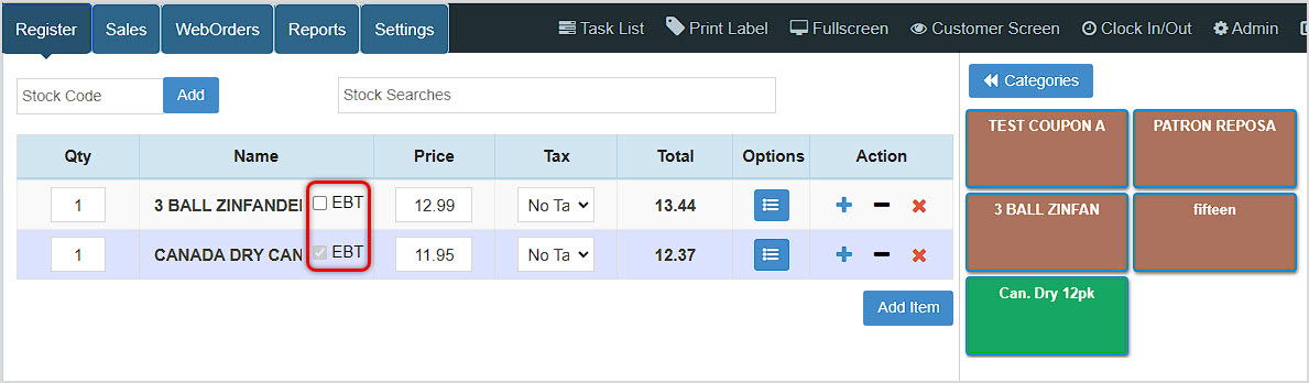 Image showing the Bottle POS Register with line item EBT functions highlighted.