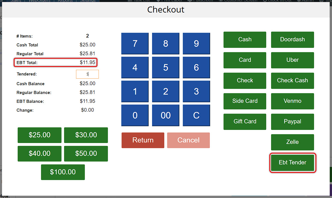 Image showing the Bottle POS Register app's Checkout window with EBT functions highlighted.