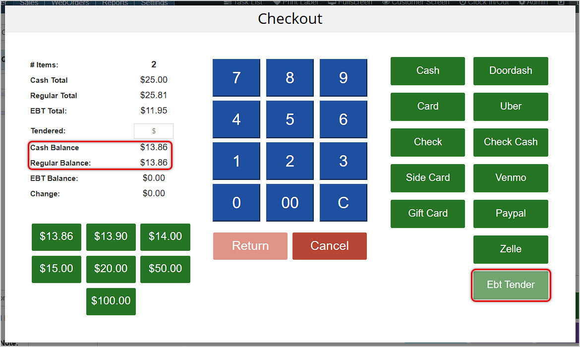 Image showing the Checkout window of the Bottle POS Register app with the remaining balance after paying EBT highlighted.