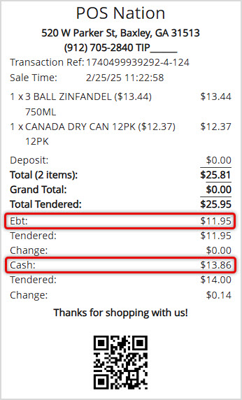 Image showing a Bottle POS receipt with EBT and Cash payment areas highlighted.