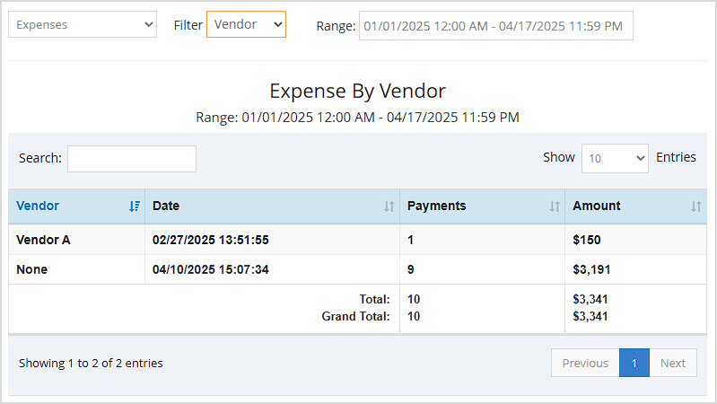Image showing the Vendor view of the Bottle POS Admin appâs Expenses report.