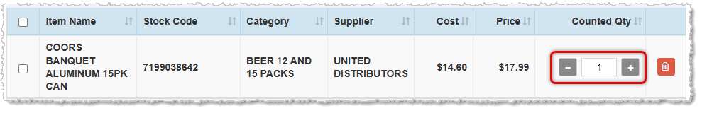 Image showing the Quantity controls in the Item Count window of the Inventory Counting tool.