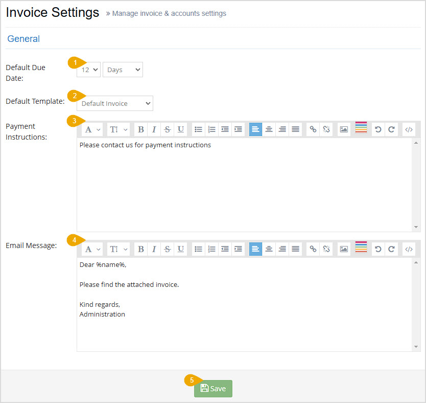 Image showing the General section of the Invoice Settings page of the Bottle POS Admin with major features highlighted.