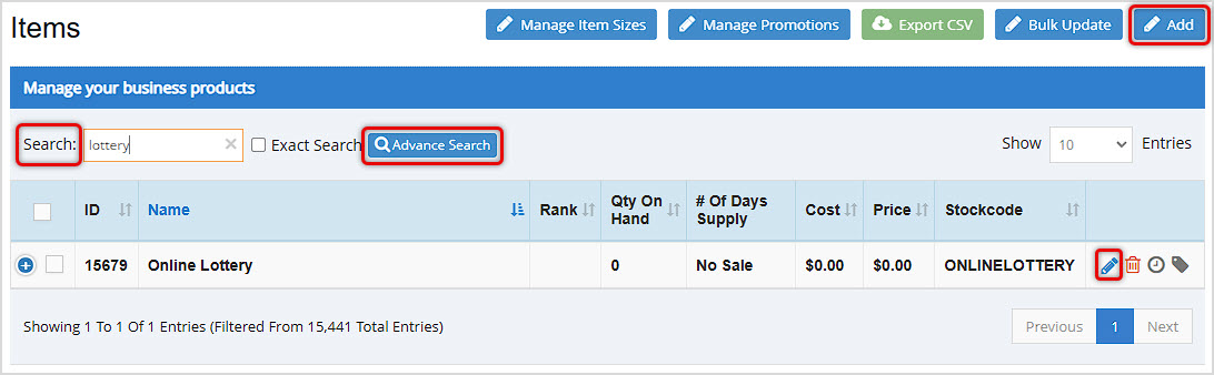 Image showing the Items page of the BottlePOS Admin with search and add new item features highlighted.