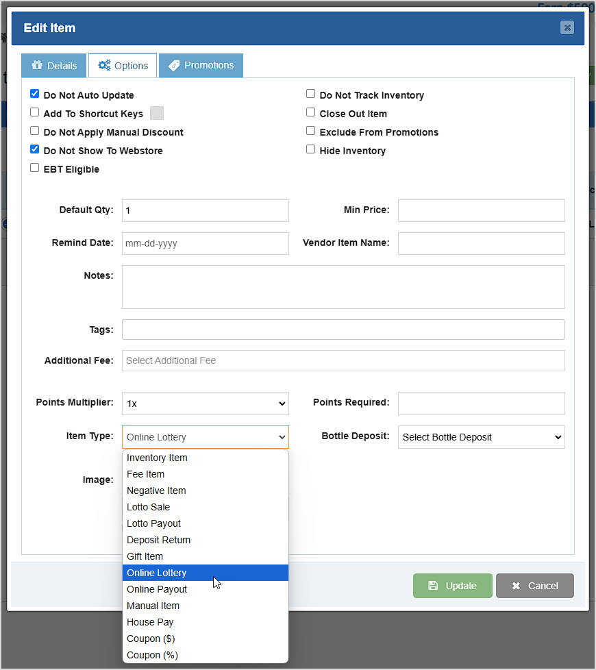 Image showing the Edit Item window of the BottlePOS Admin with the Item Type drop-list highlighted.