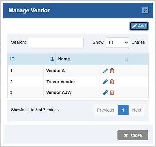 Image displaying the Manage Vendor window of the Bottle POS Admin.