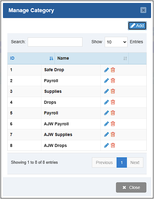 Image displaying the Manage Category window of the Bottle POS Admin.