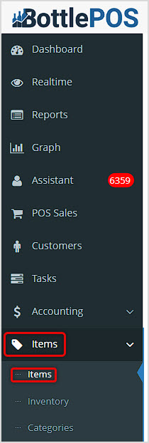 Image showing the Items page of the BottlePOS Admin main menu.