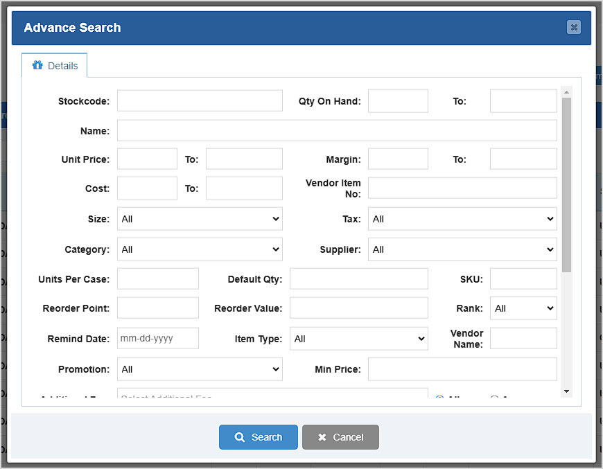 Image showing the Advance Search window of the Items page of the BottlePOS system.