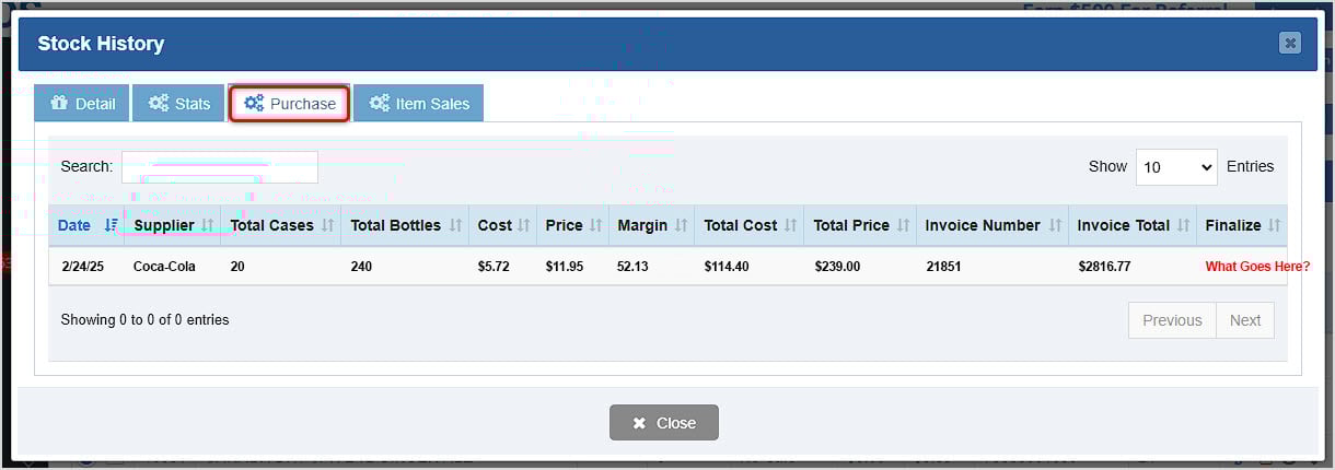 Image showing the Details tab of the Stock History window of the Items page of the BottlePOS Admin.