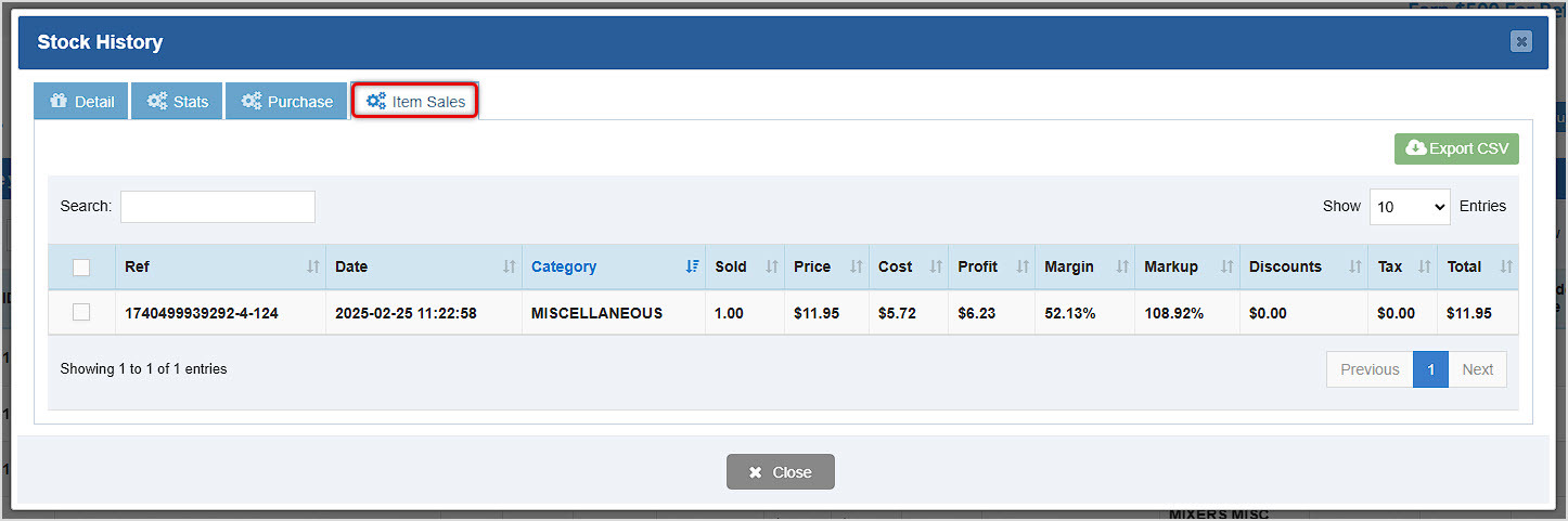 Image showing the Item Sales tab of the Stock History window of the Items page of the BottlePOS Admin.