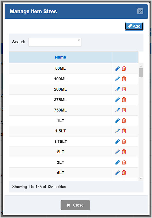 Image showing the Manage Item Sizes window of the Items page of the BottlePOS Admin.