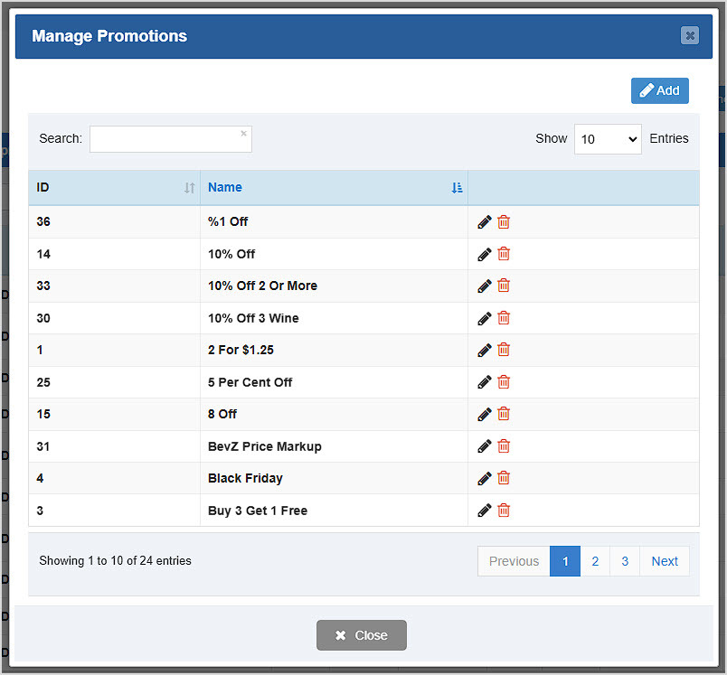 Image showing the Manage Promotions window of the Items page of the BottlePOS Admin.