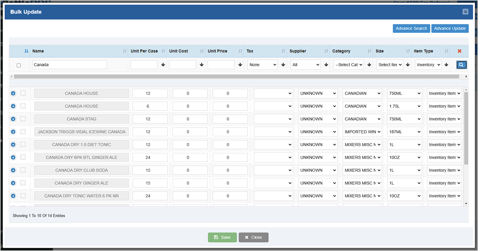 Image showing the Bulk Update window of the Items page of the BottlePOS Admin.