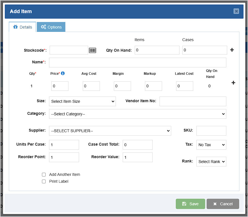 Image showing the Add Item window of the Items page of the BottlePOS Admin.