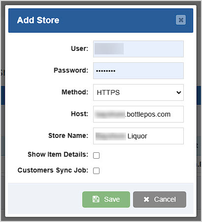 Image showing the Add Store window from the Stores page of the Bottle POS Admin.