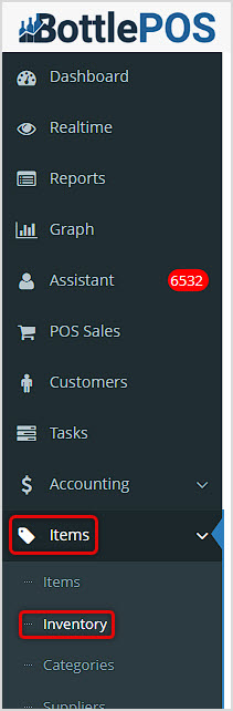 Image showing how to get to the Inventory area of the Items menu in the Bottle POS Admin app.