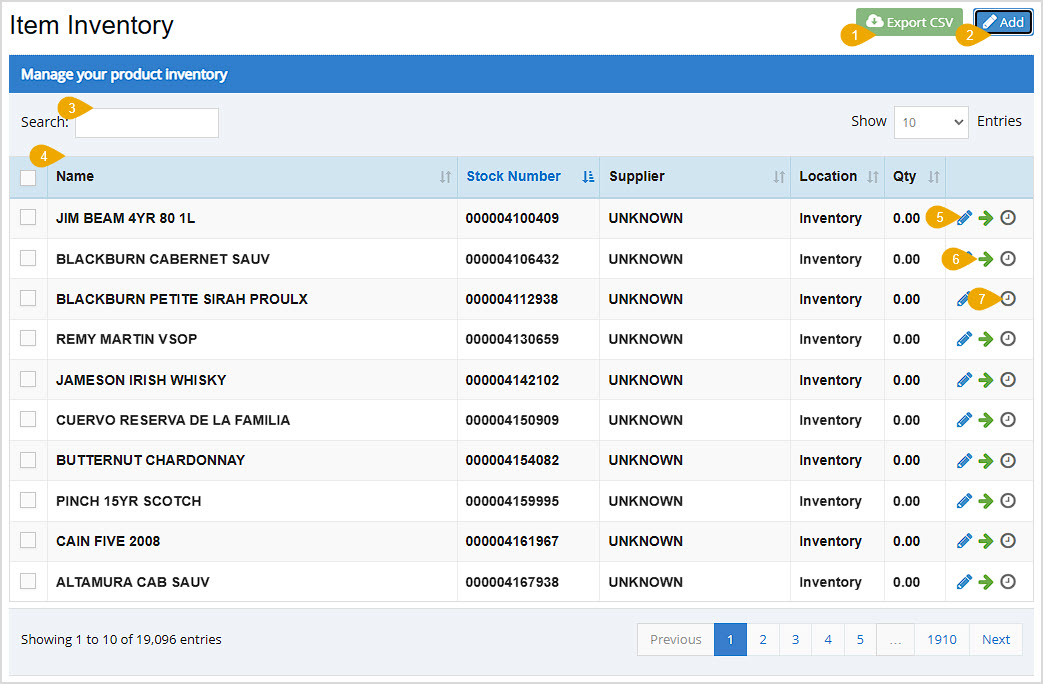 Image showing the Item Inventory page of the Bottle POS Admin with key features highlighted.