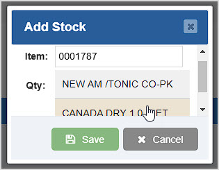 Image showing the Add Stock window of the Item Inventory page of the Bottle POS Admin with an item being selected.