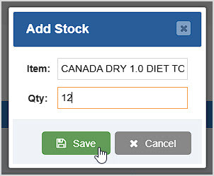 Image showing the Add Stock window of the Item Inventory page of the Bottle POS Admin with a quantity being selected.