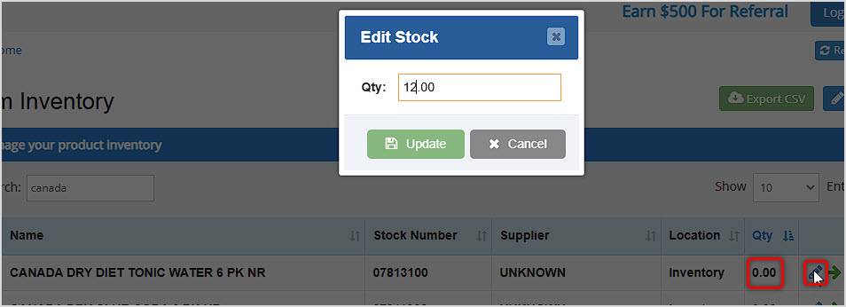 Image showing the Edit Stock window of the Item Inventory page of the Bottle POS Admin with the Quantity highlighted.
